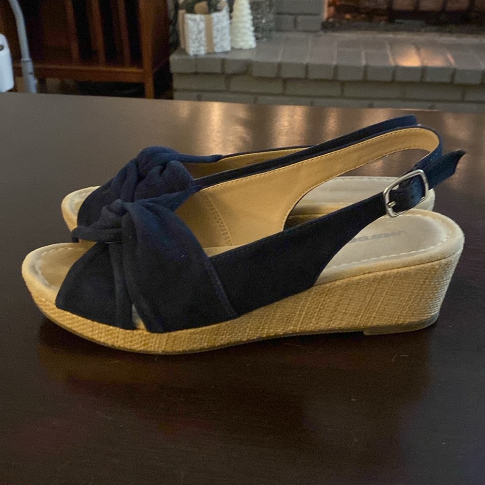 Lands End suede navy wedge slingback